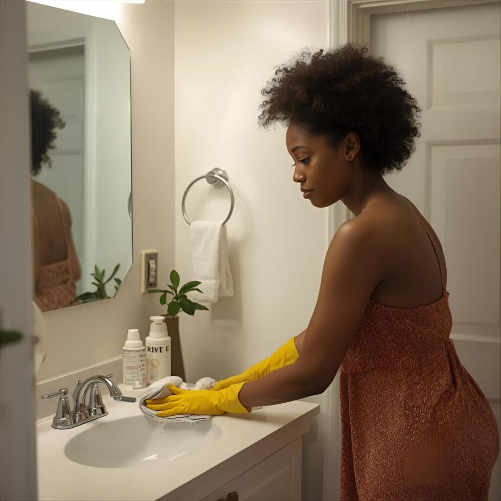 お風呂掃除中の女性画像