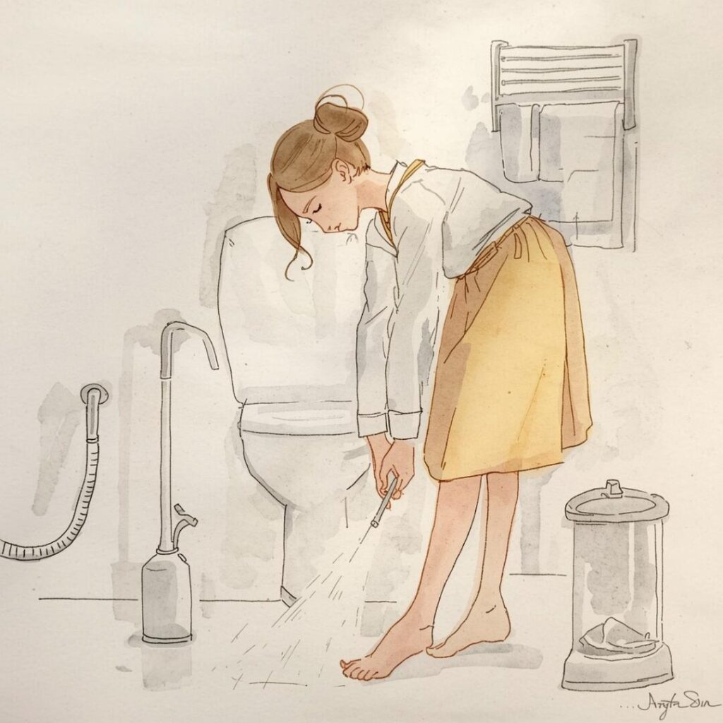 ウォシュレットのノズル掃除をしている女性画像