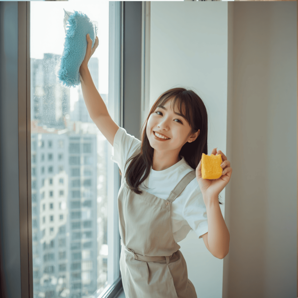 窓掃除をしている日本人女性