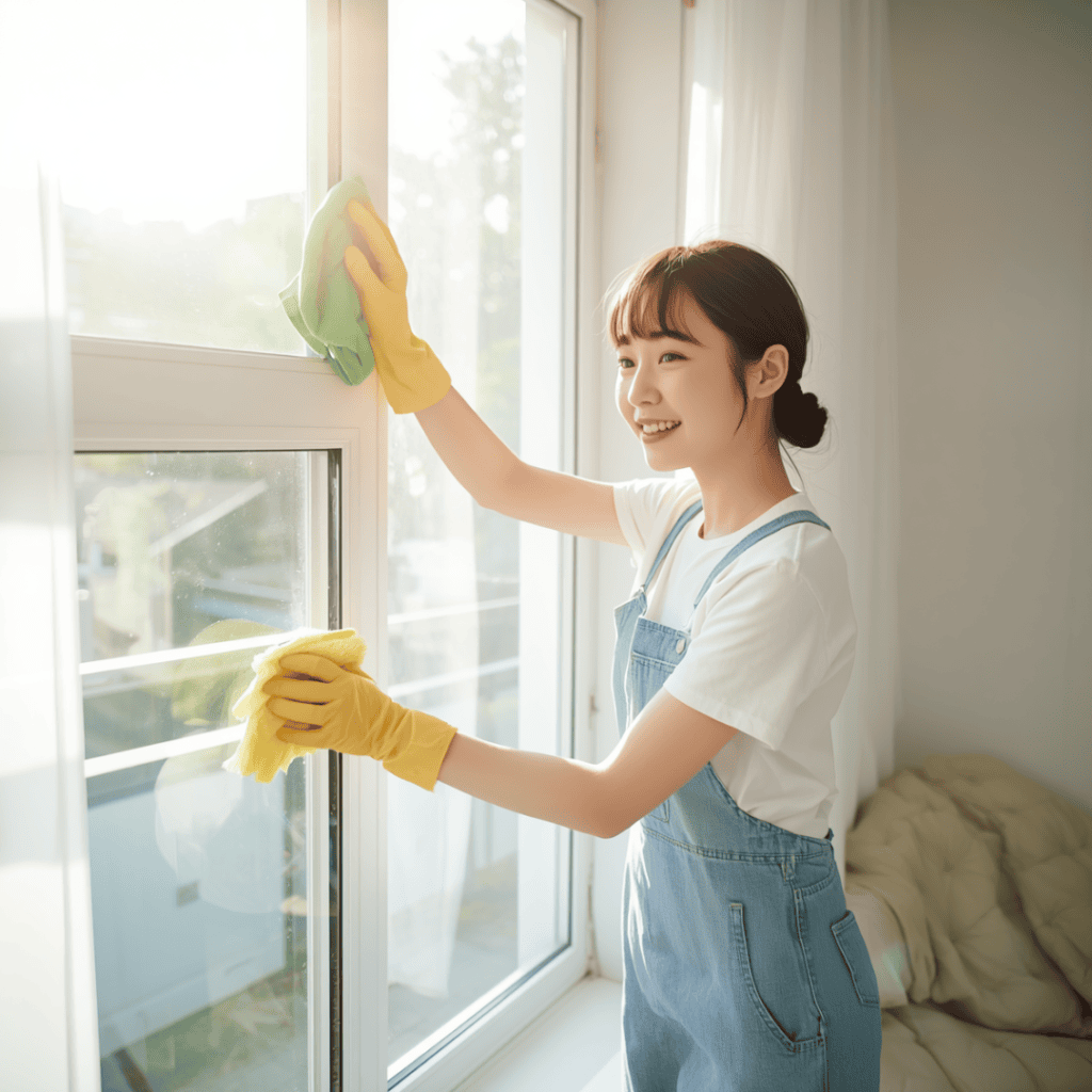 窓掃除をしている女性画像