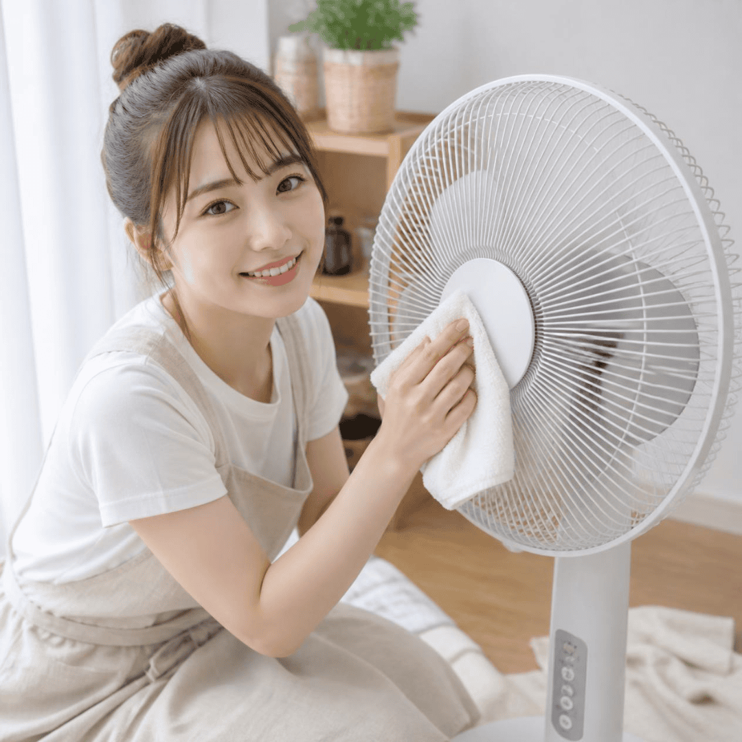 扇風機掃除中の女性画像