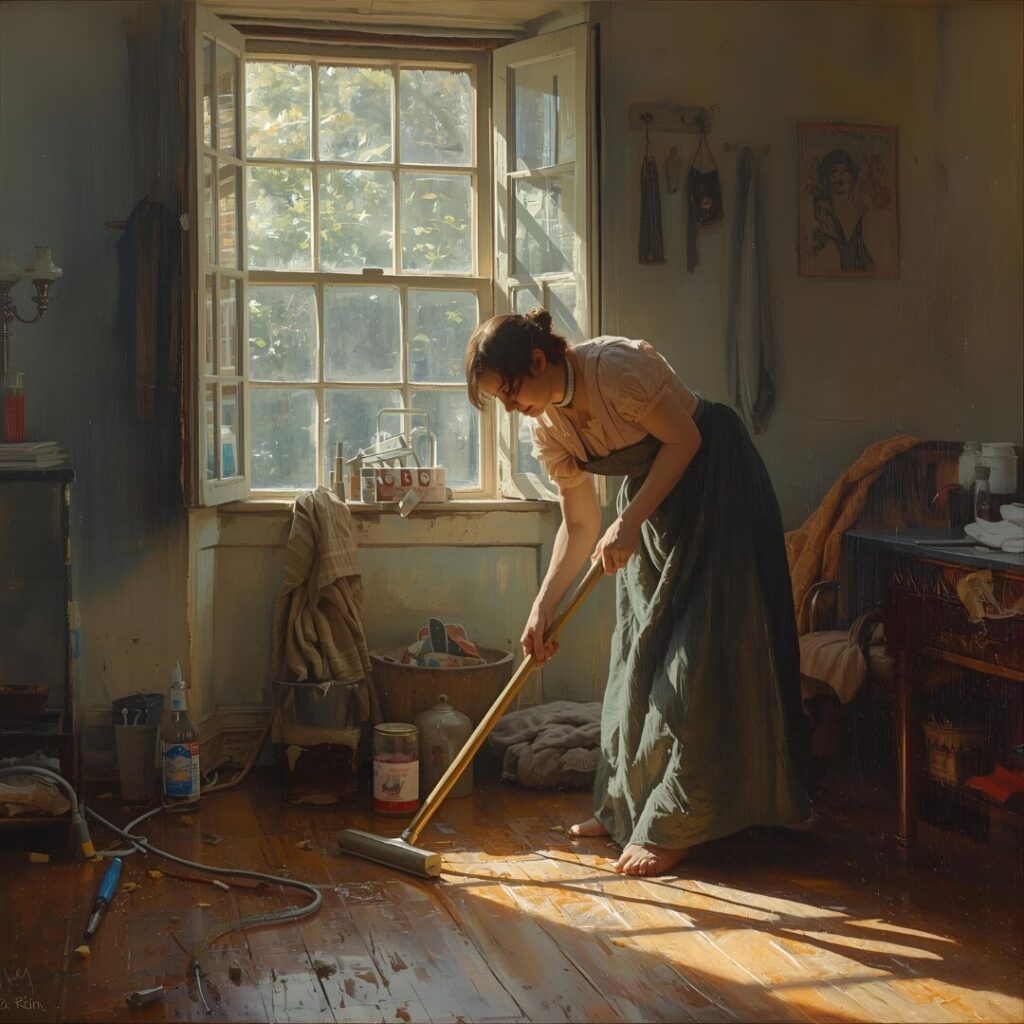 床掃除中の女性画像