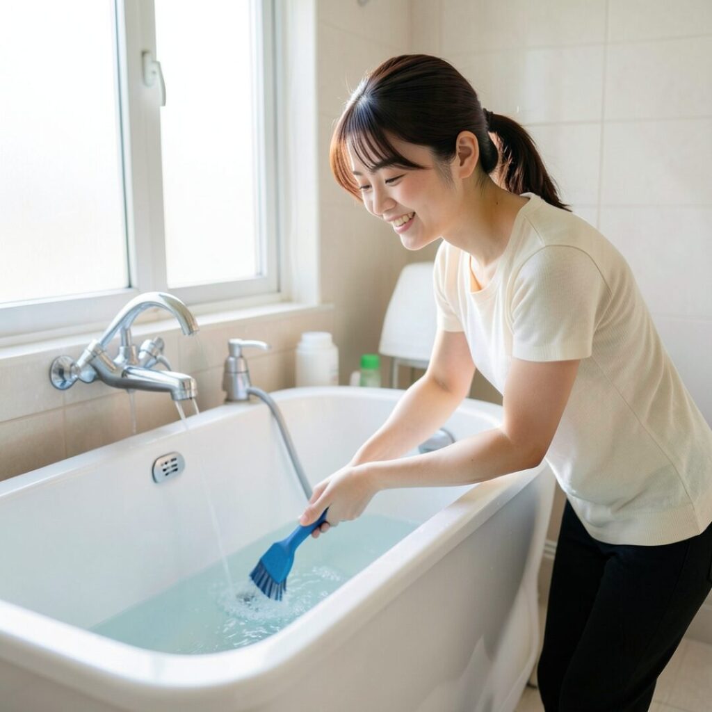 浴槽清掃をしている女性画像