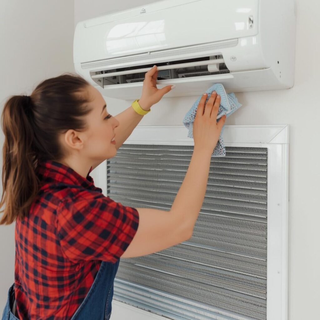 エアコンフィルター清掃中の女性画像