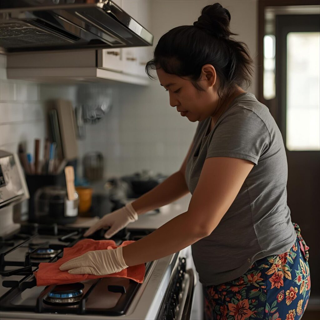ガスコンロ掃除中の女性画像