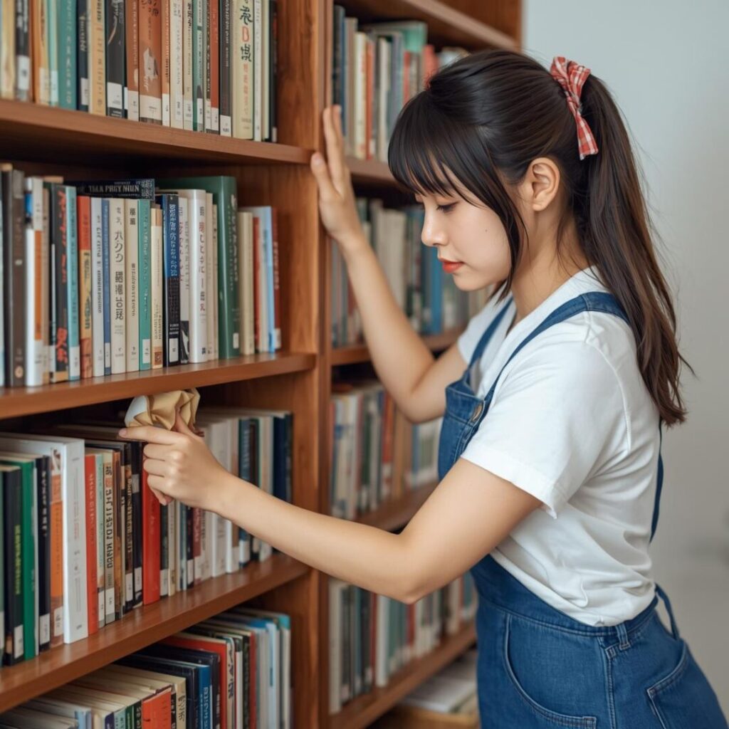 本棚清掃をしている女性画像