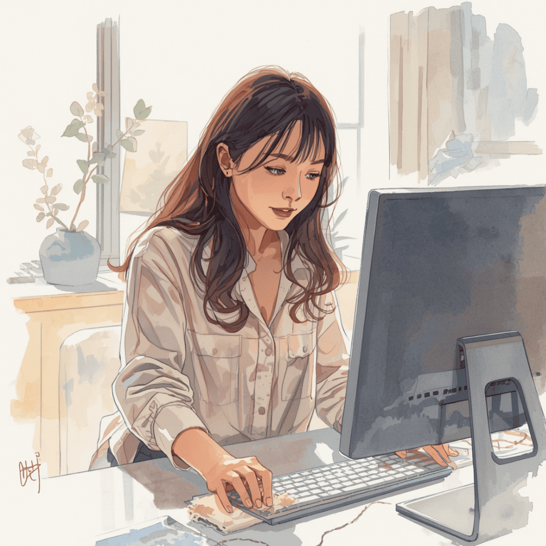 キーボード掃除をしている女性画像