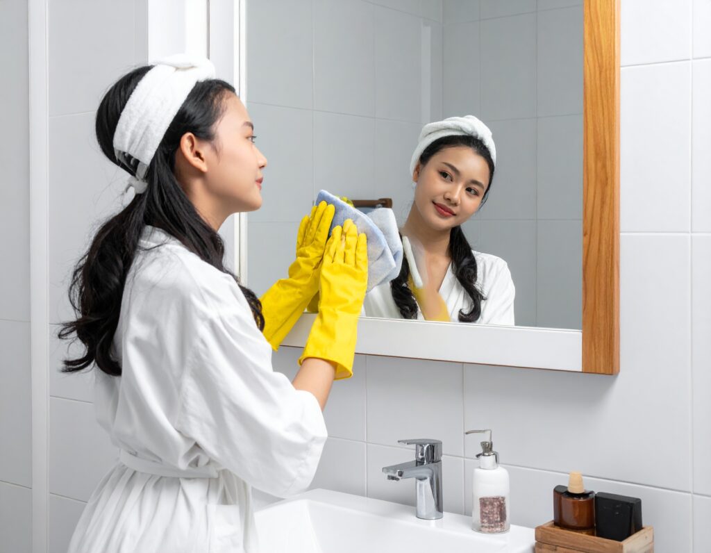 お風呂の鏡清掃中の画像