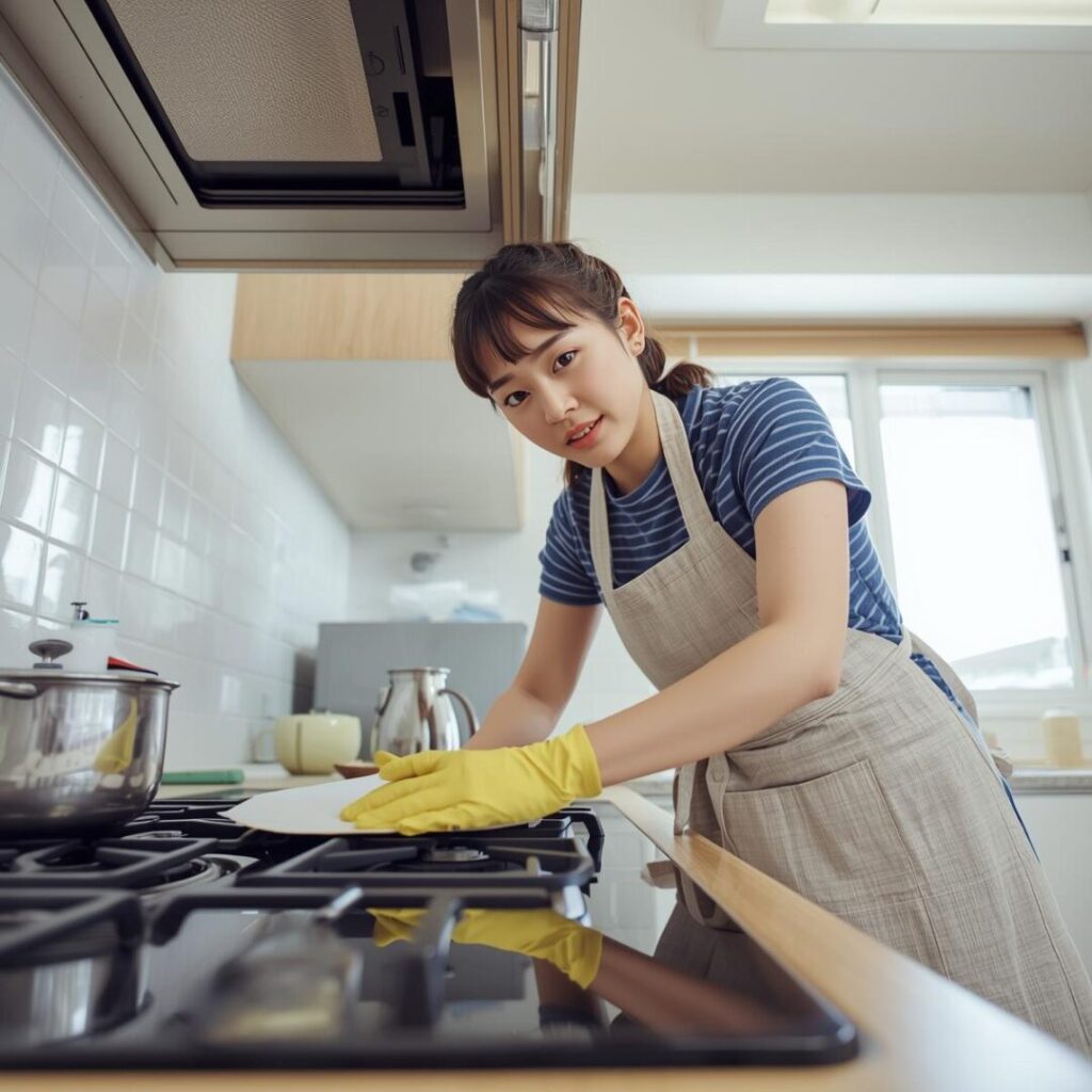 オーブンレンジ清掃をしている女性の画像