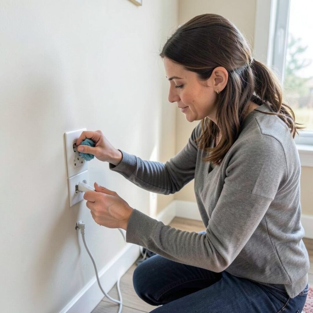 コンセント清掃中の女性画像