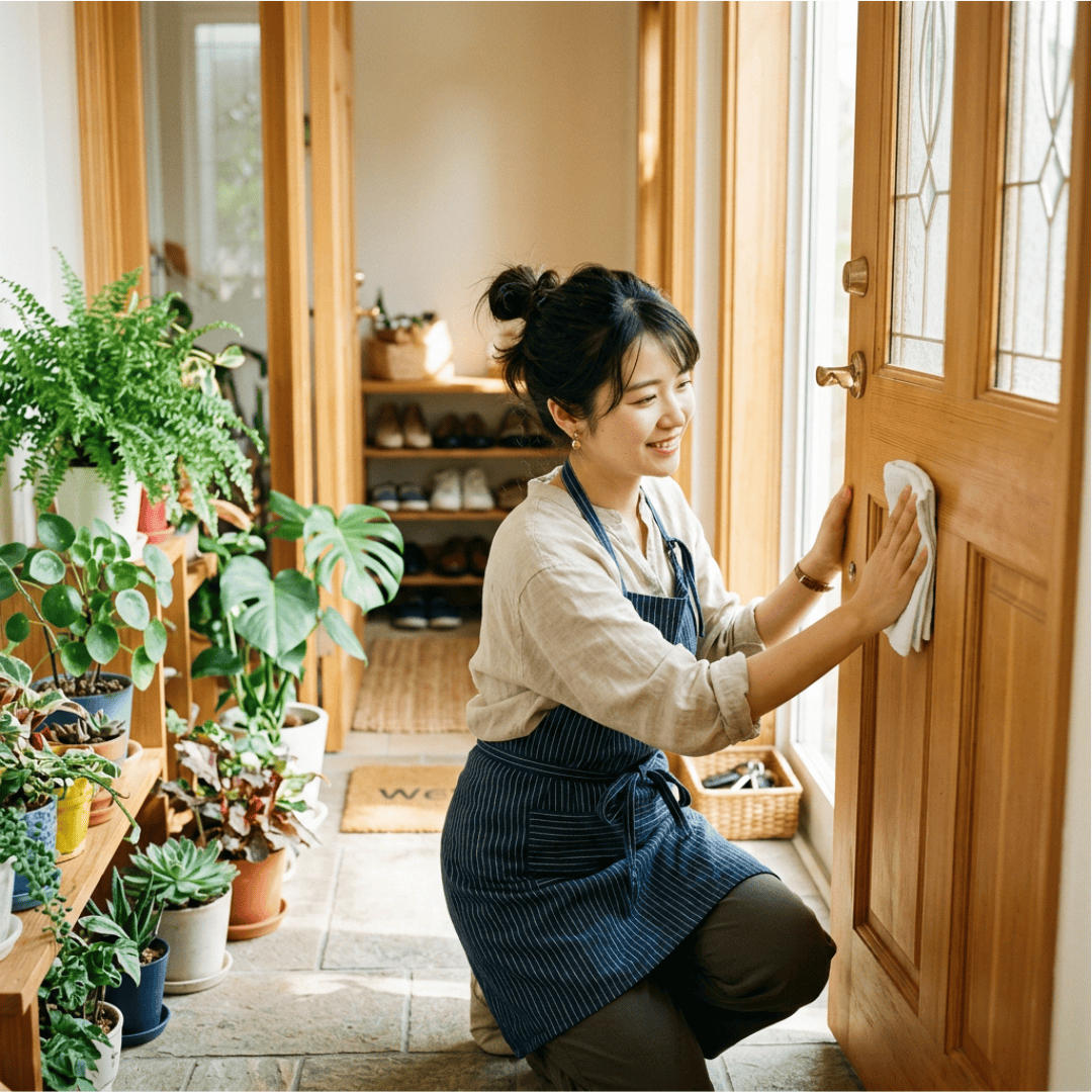 玄関ドアの拭き掃除をしている女性画像