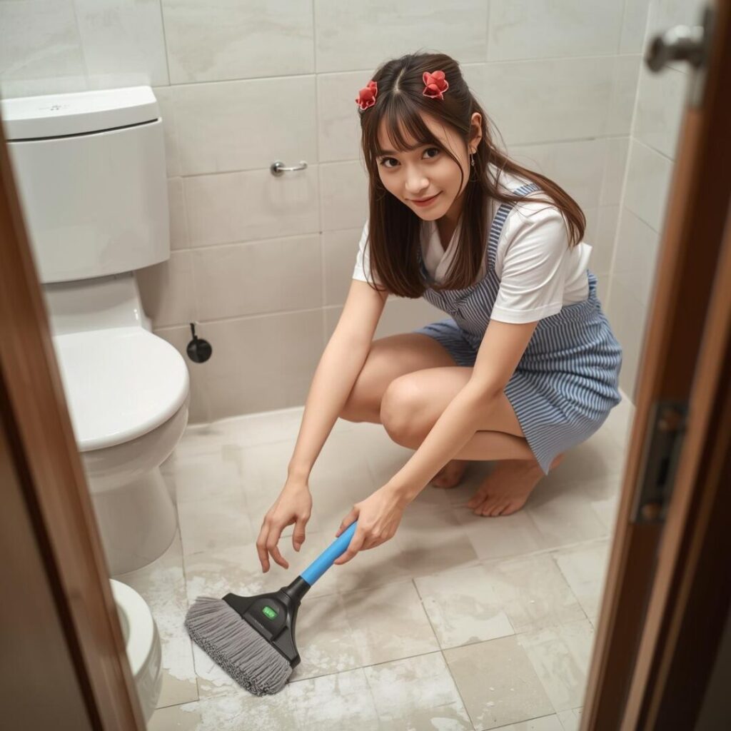 トイレ床掃除をしている女性画像