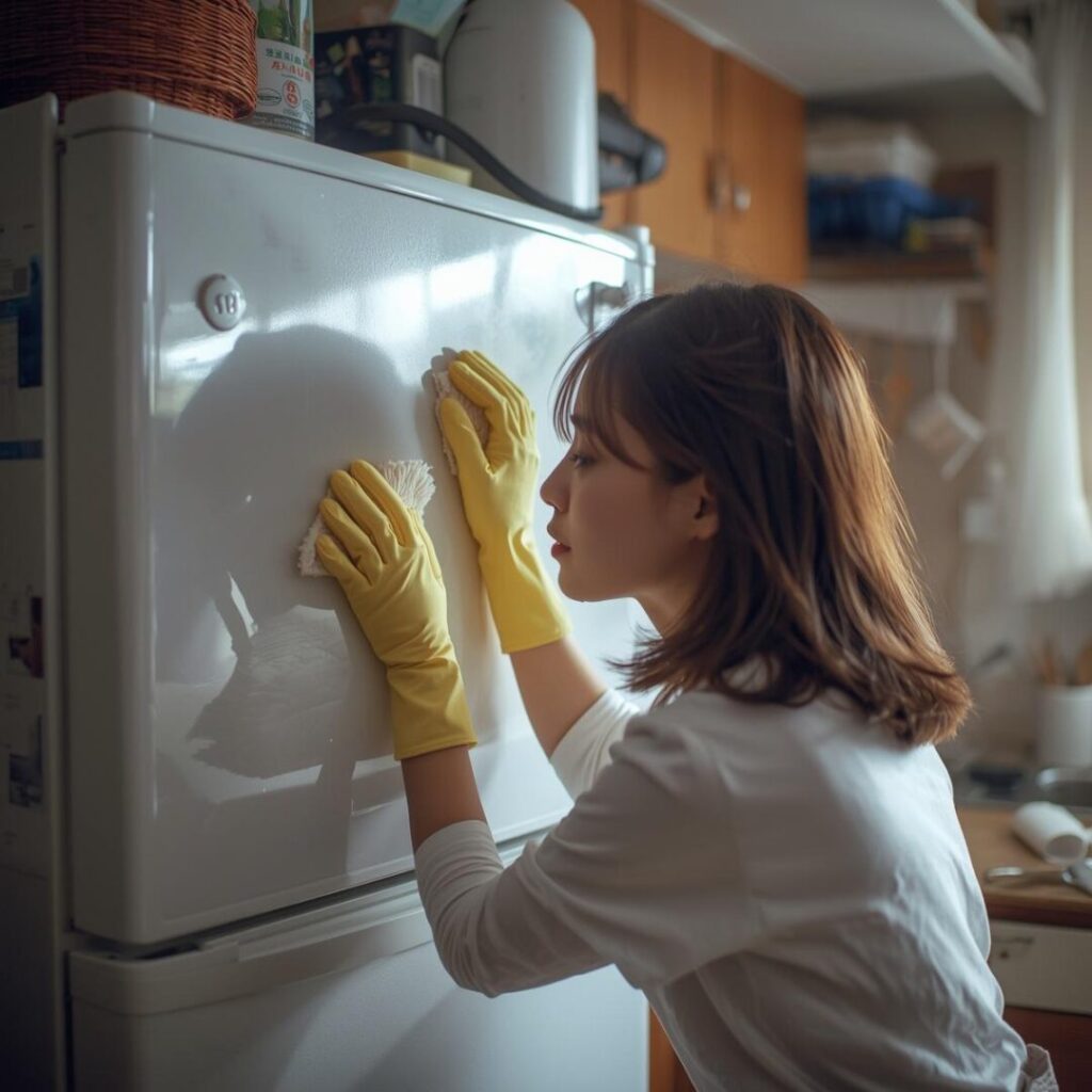 冷蔵庫裏清掃中の女性画像