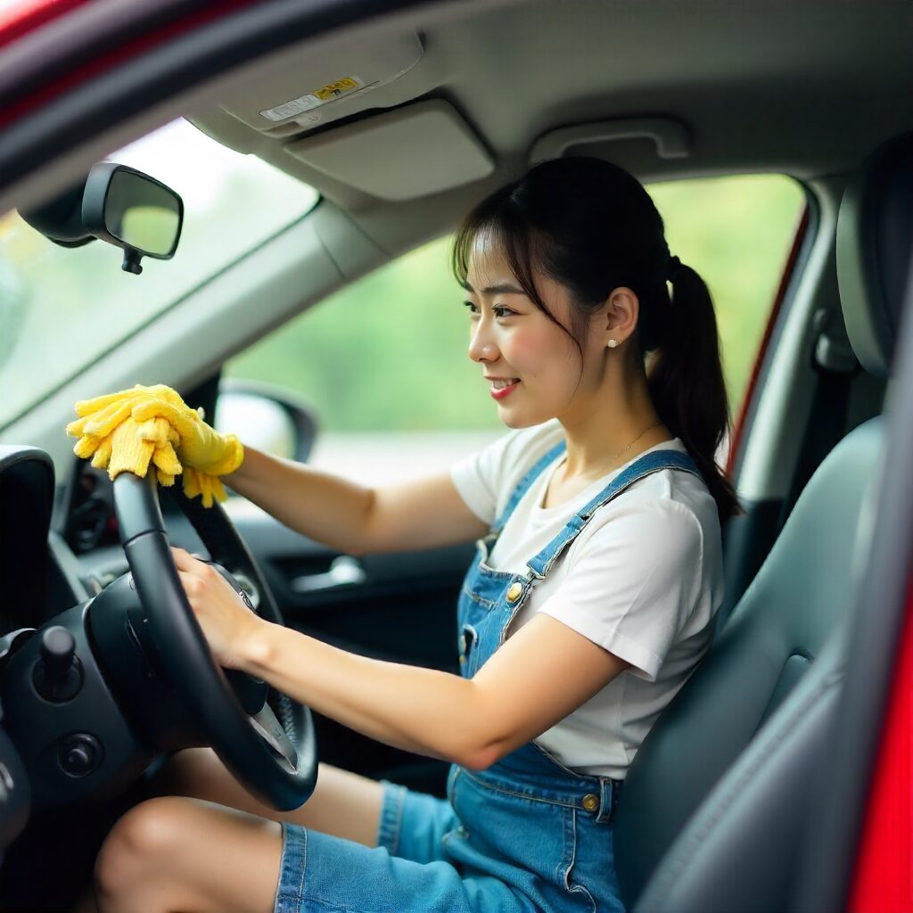 車内掃除をする女性画像