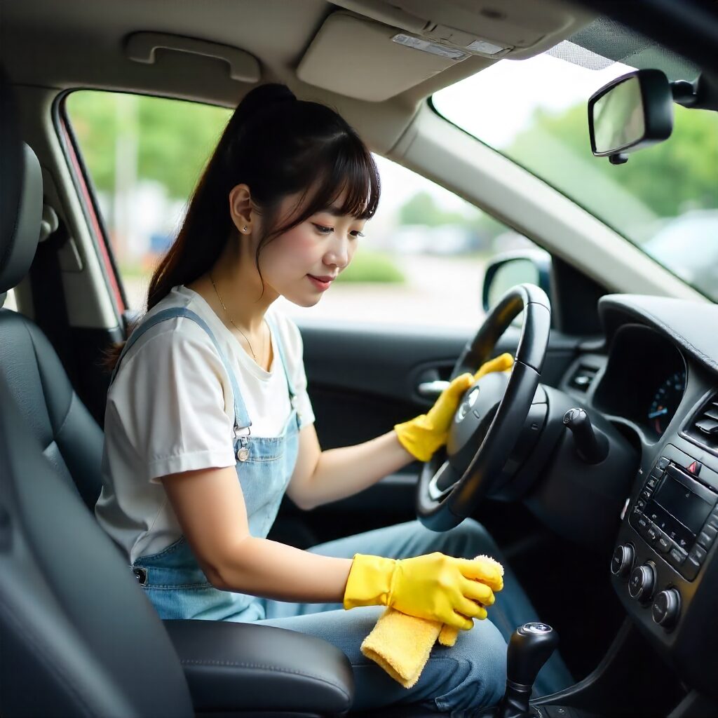 車内掃除中の女性画像
