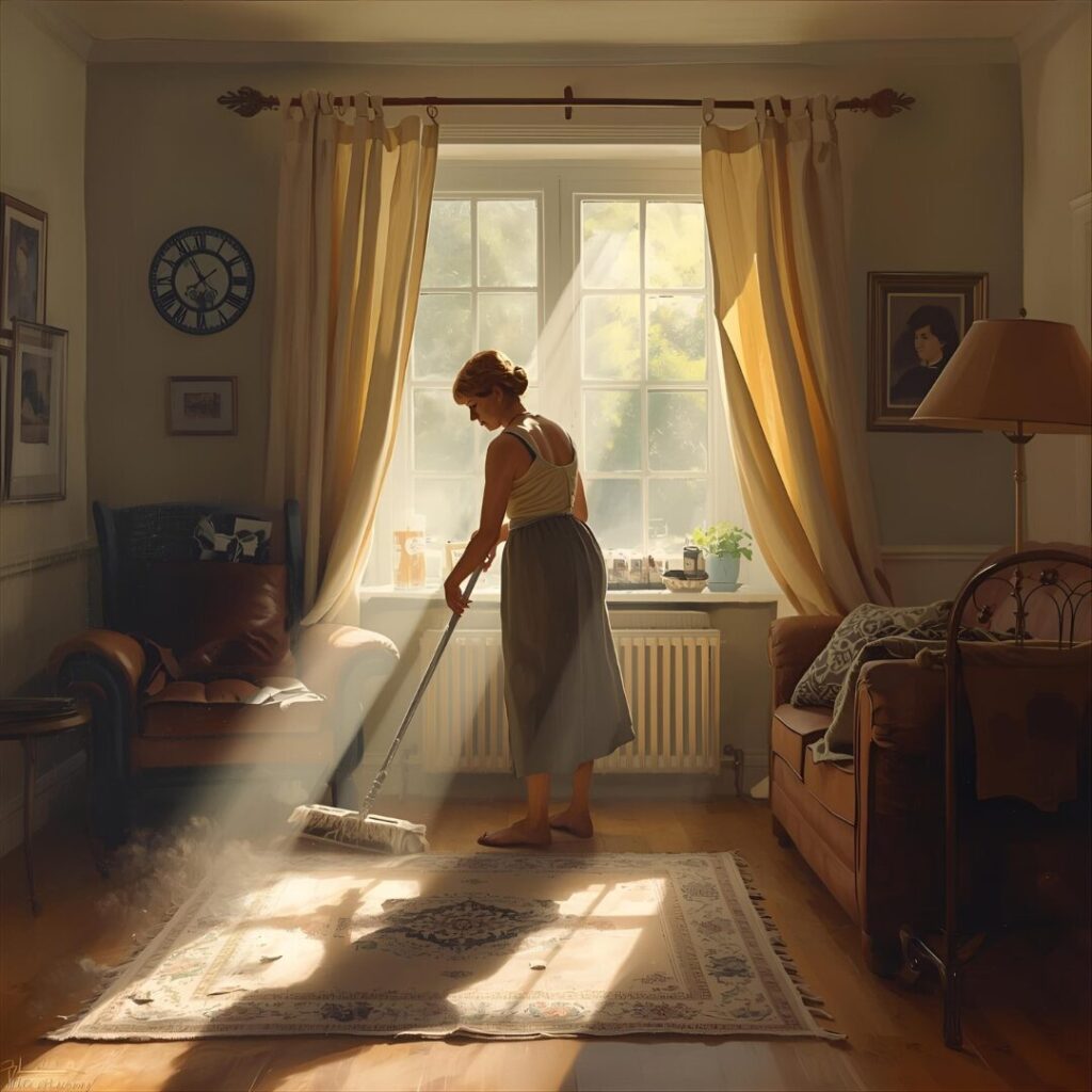 リビング掃除後の女性画像