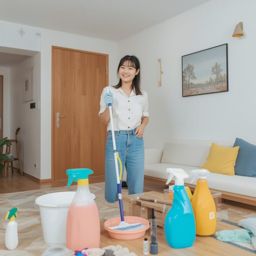 大掃除をしている女性画像