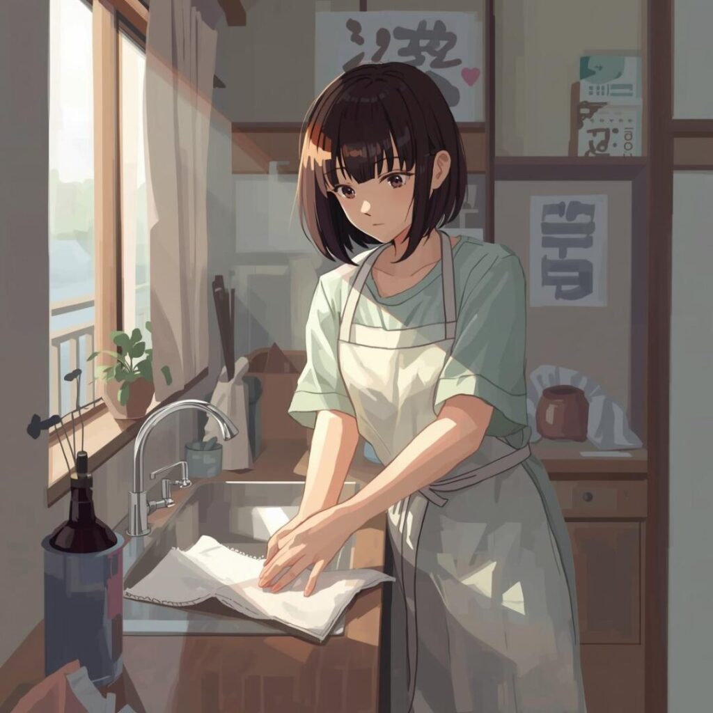 洗面台を掃除している女性画像