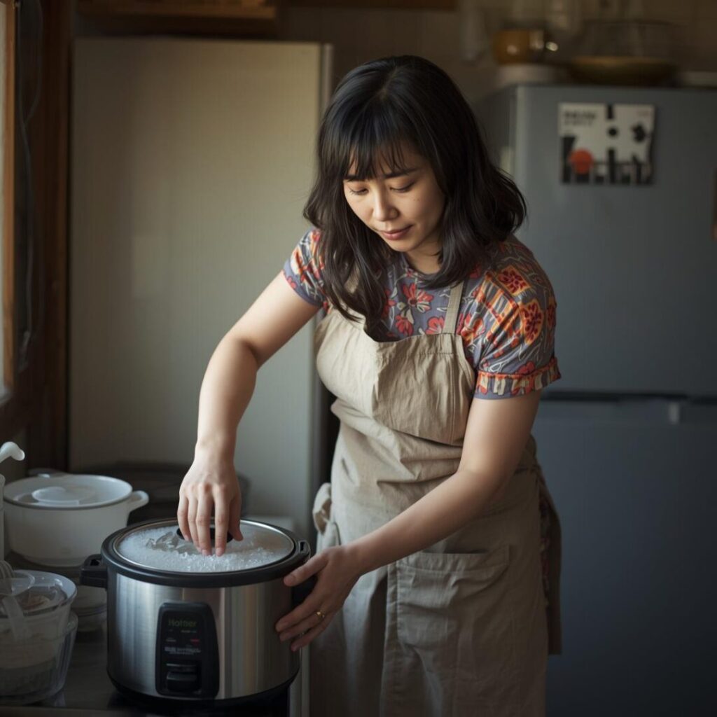 炊飯器清掃後の女性の画像