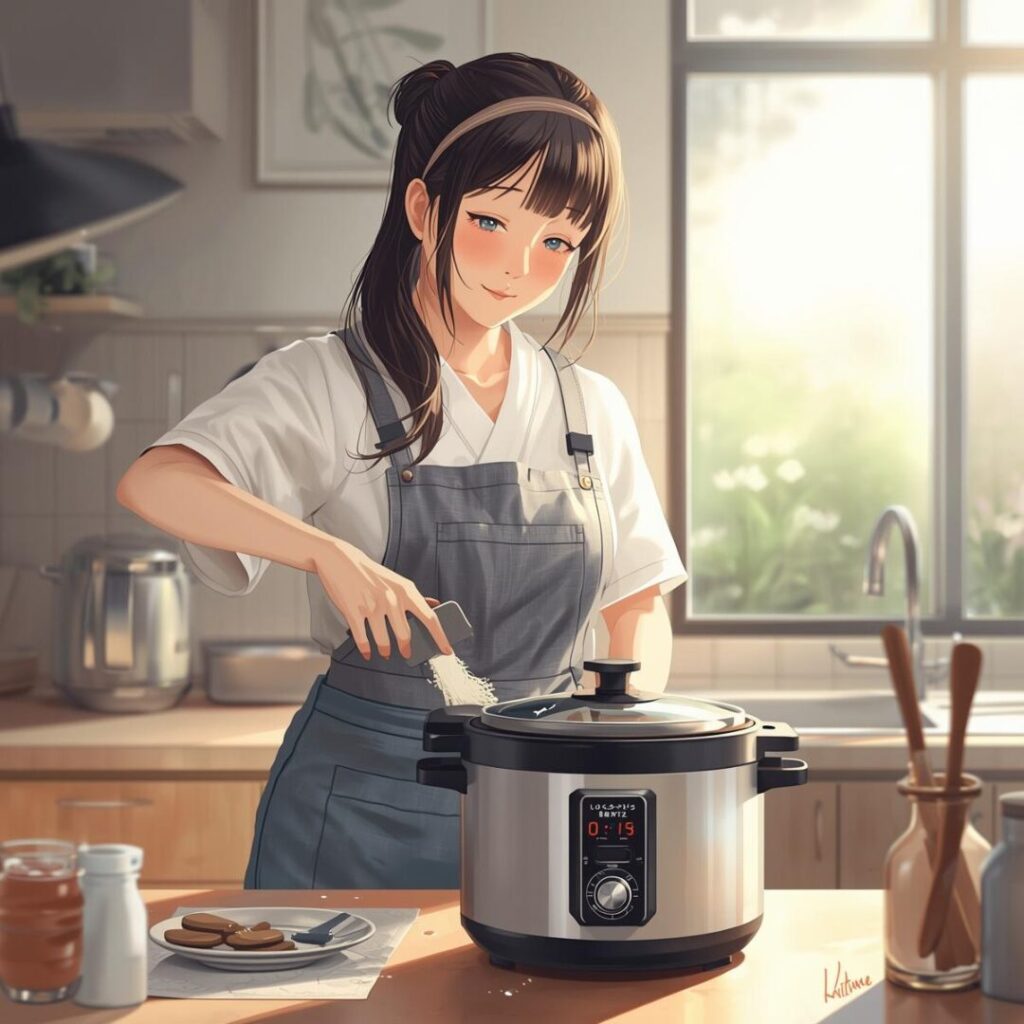 炊飯器清掃中の女性の画像