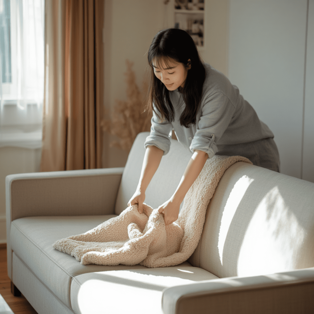 掃除後のソファーに座っている女性画像