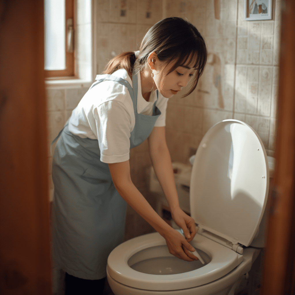 トイレ掃除をしている女性画像