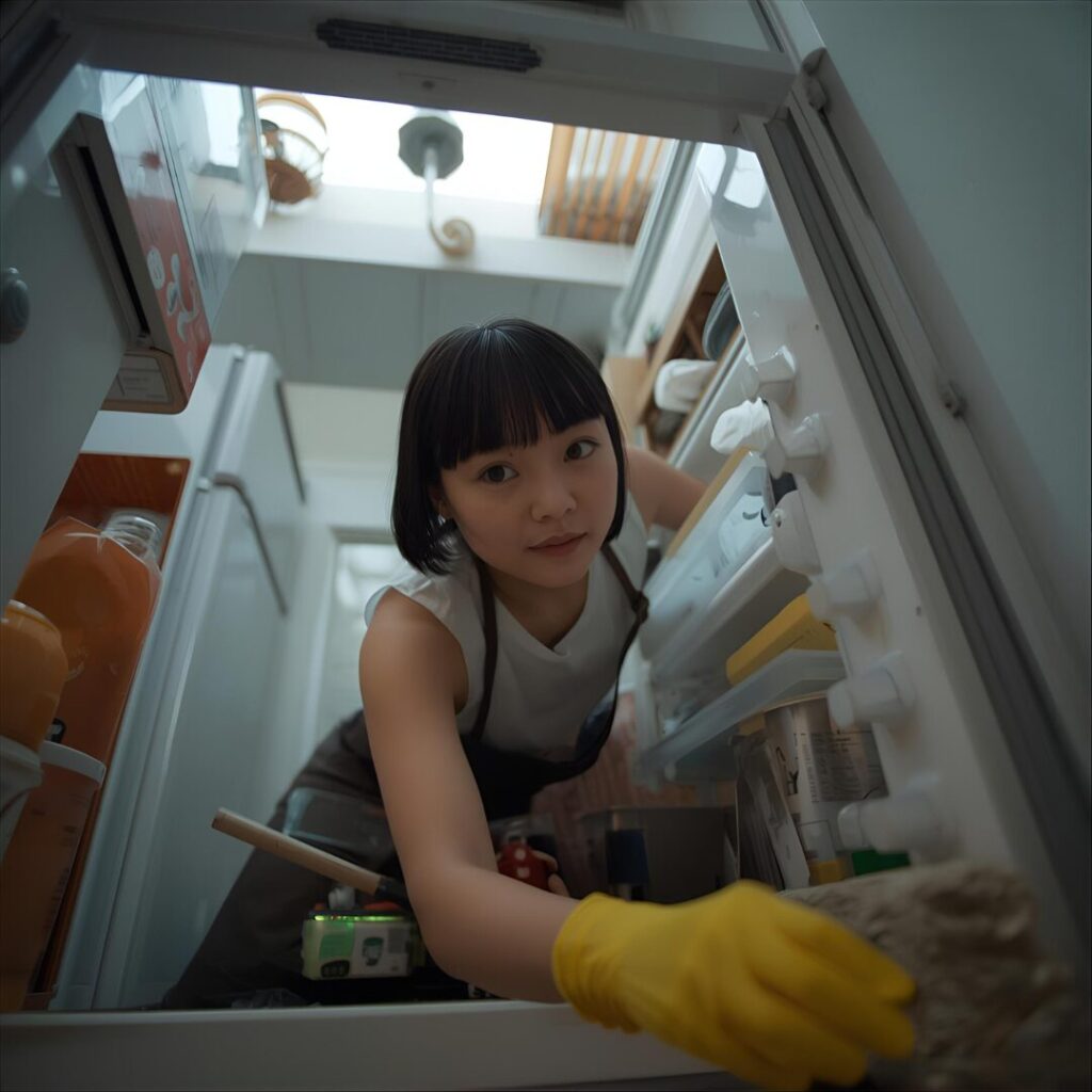 冷蔵庫下の掃除中の画像