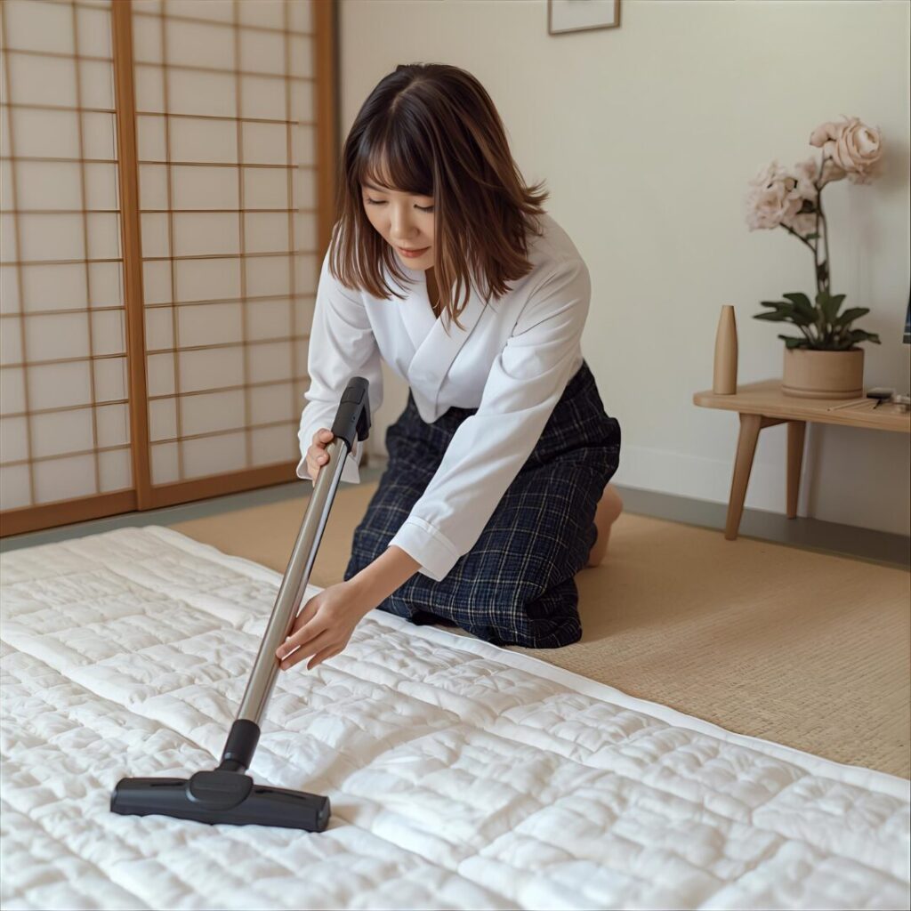 布団掃除中の女性画像