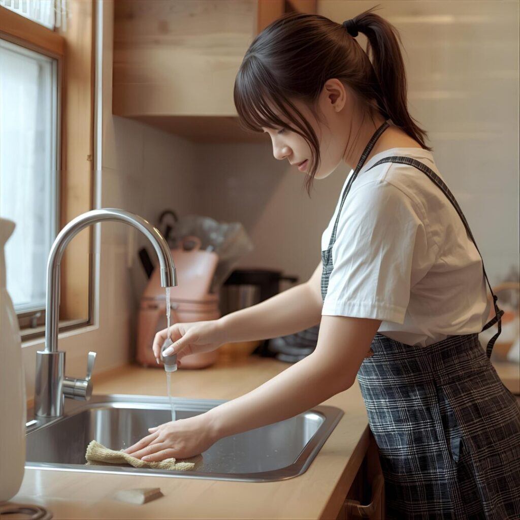 水回りの空き室清掃をする女性画像