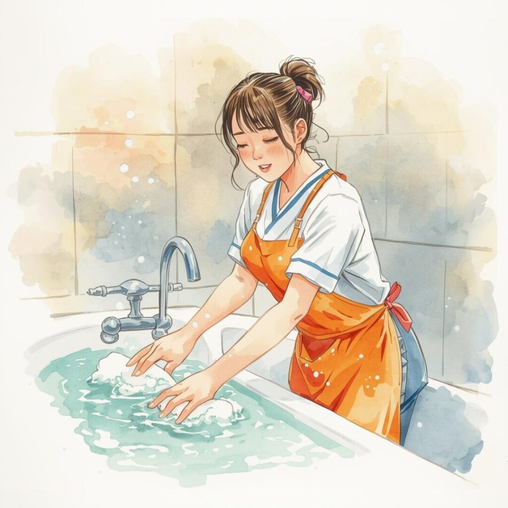 時短お風呂掃除の最中の女性画像