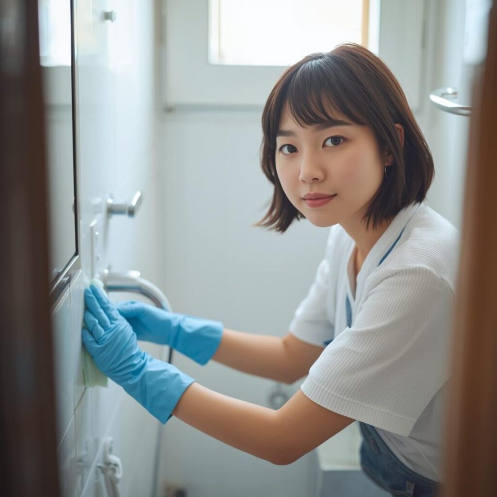 ユニットバス掃除をしている女性画像