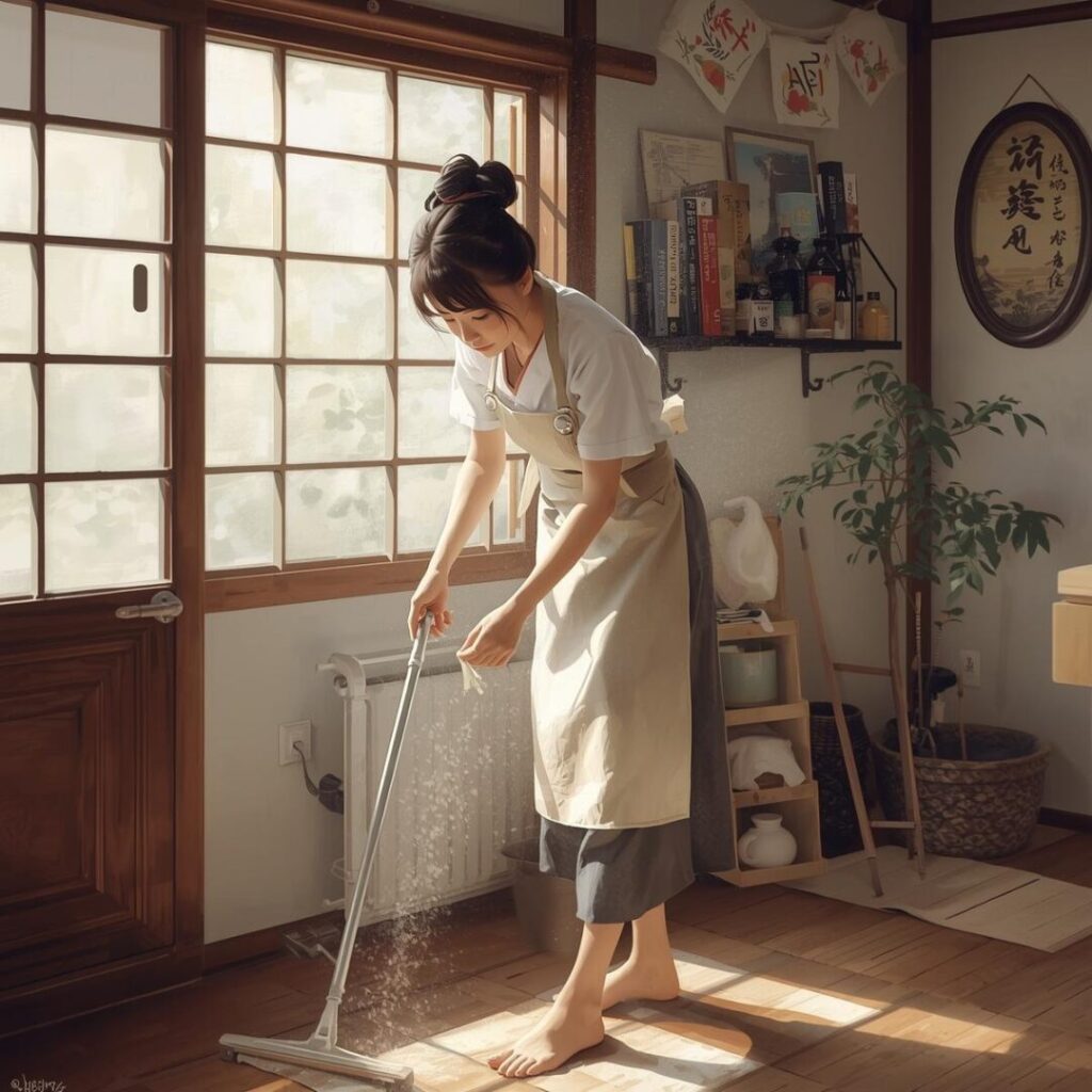 家の掃除の順番を学んでる女性画像