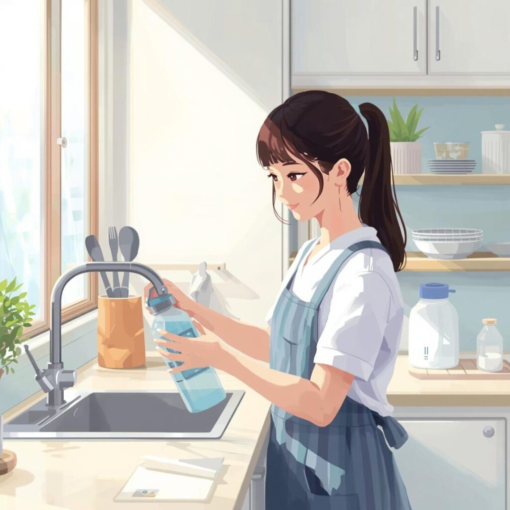 水筒掃除でキレイになった水筒を持つ女性画像