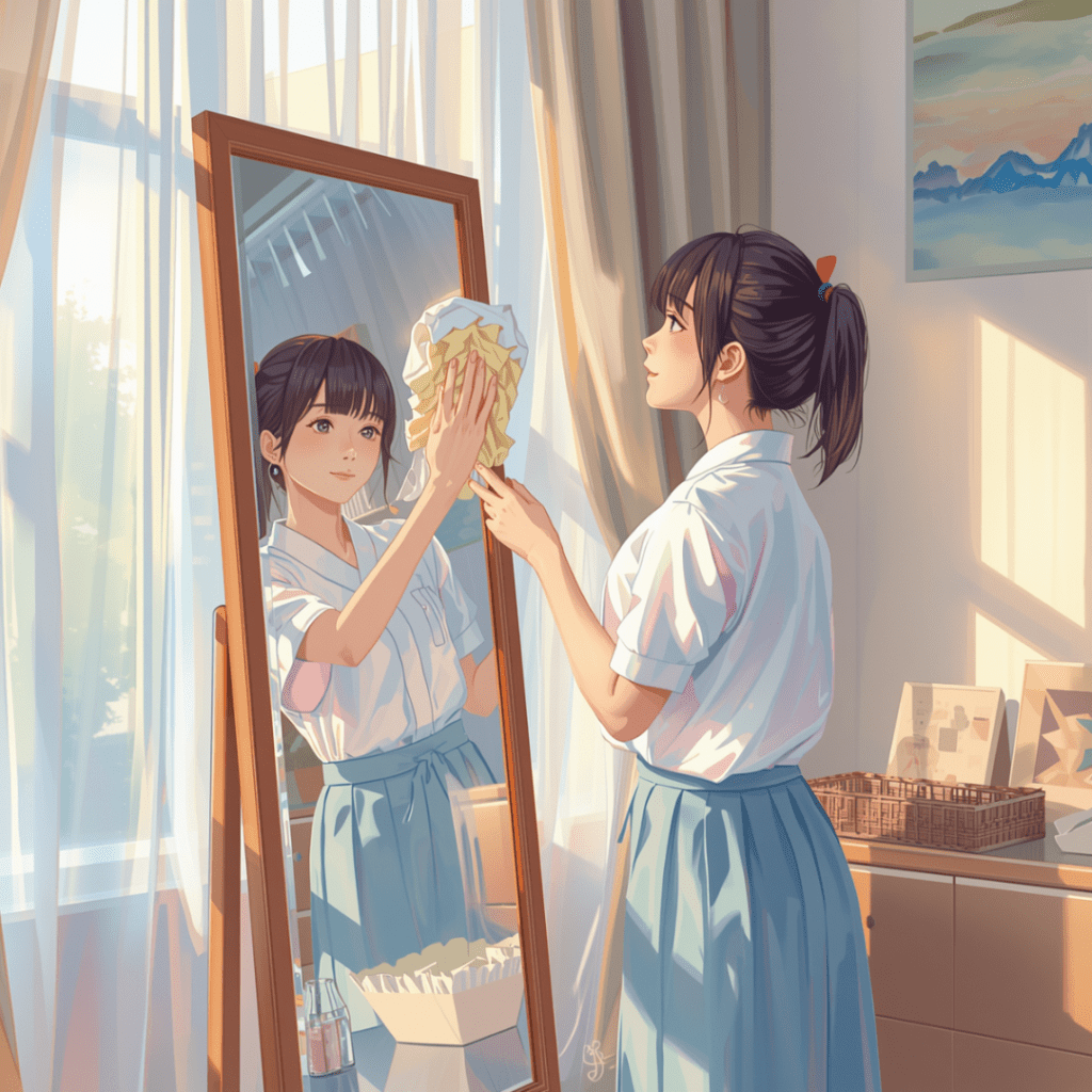 鏡掃除をしているアニメ画像