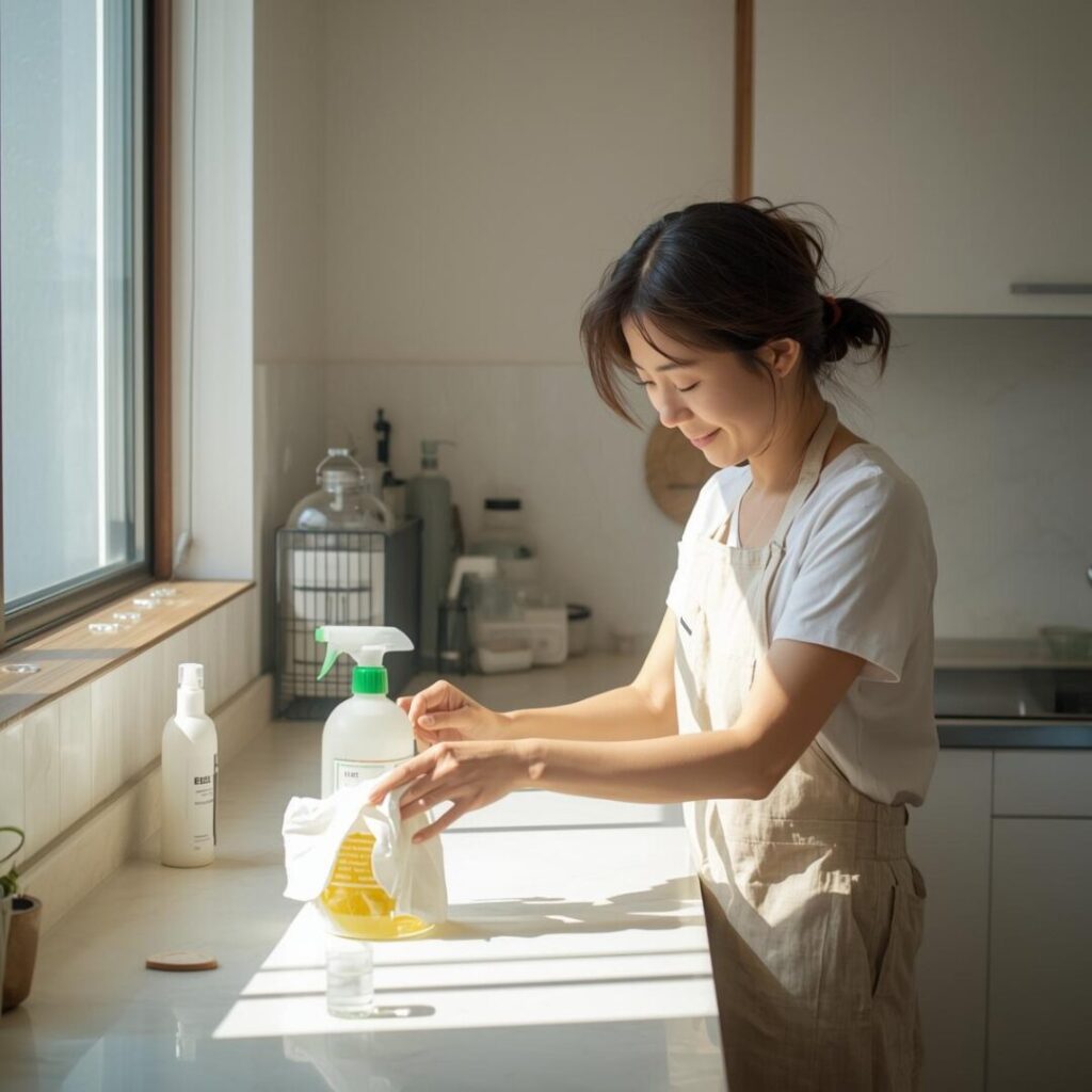 手作り掃除グッズを作っている女性画像