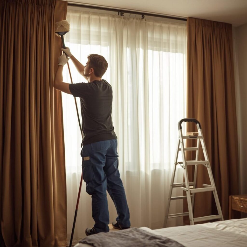 カーテンレール掃除中の男性画像