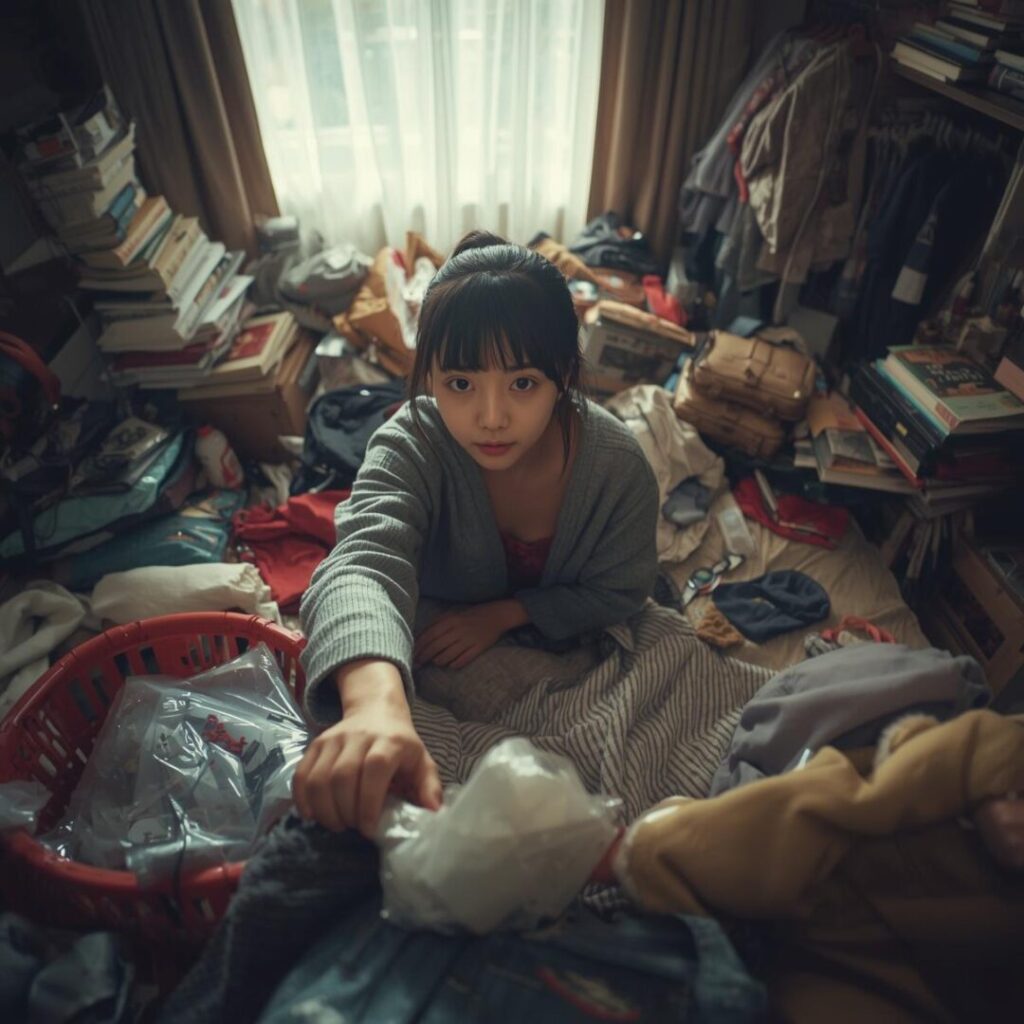 ズボラ掃除グッズを使用して部屋の掃除をする女性画像