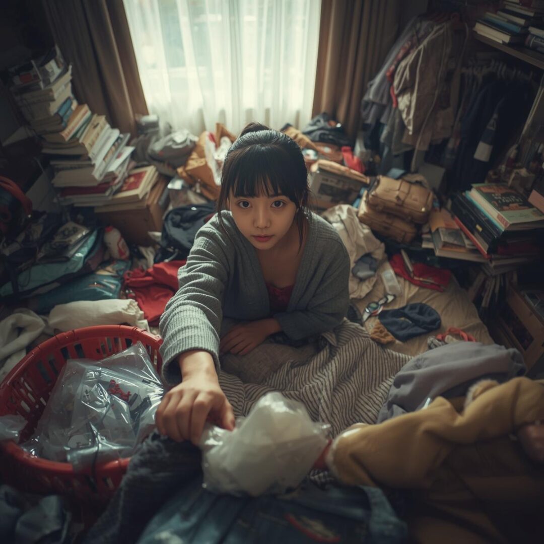 ズボラ掃除グッズを使用して部屋の掃除をする女性画像