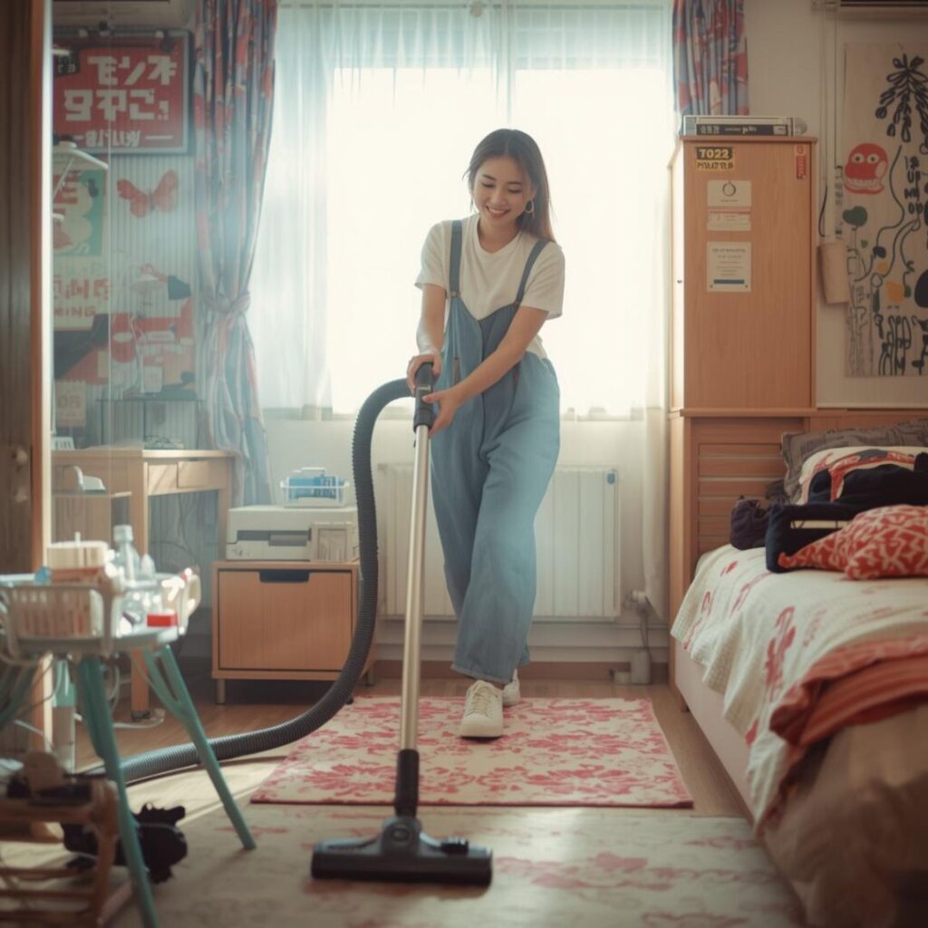 掃除機ランキング２位の掃除機で掃除する女性画像