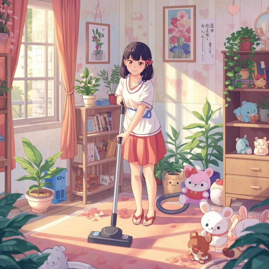 掃除している女性画像