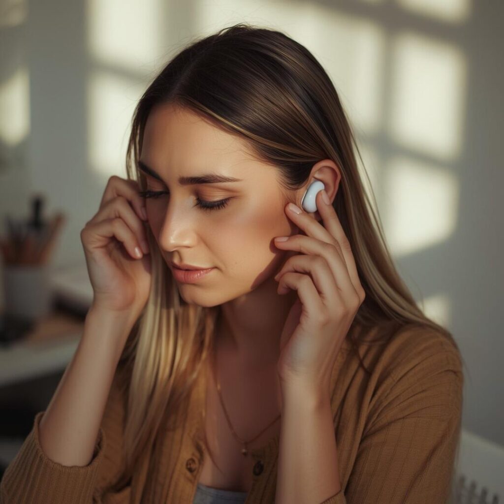 ワイヤレスイヤホン掃除をしたイヤホンをつける女性画像