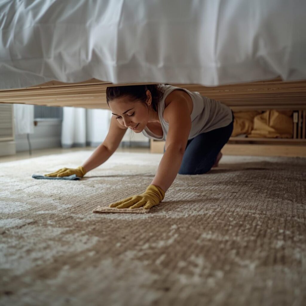 ベット下掃除中の女性画像