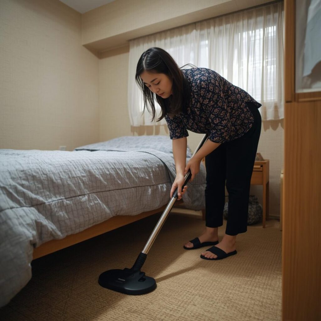 ベット下掃除中の画像