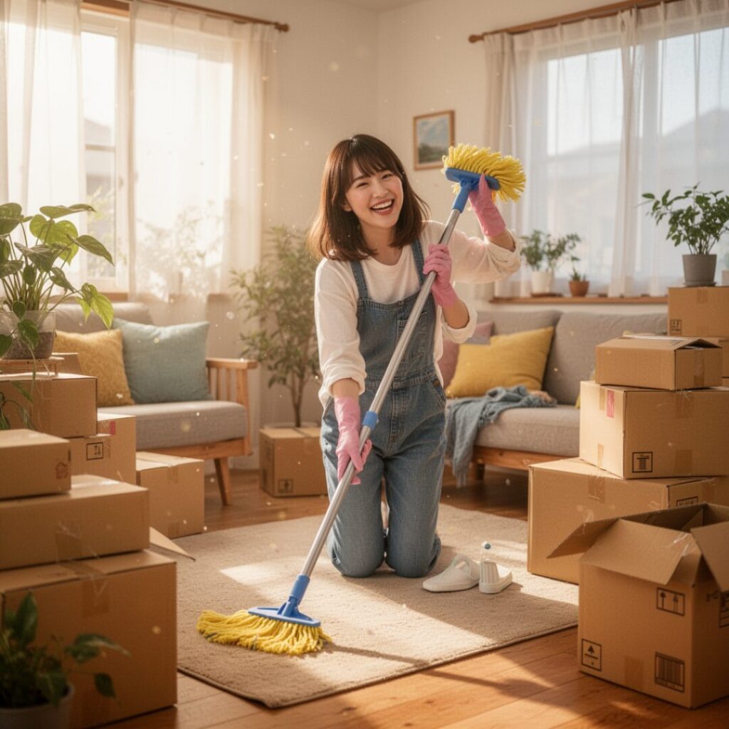 引っ越し前の掃除をしている女性画像