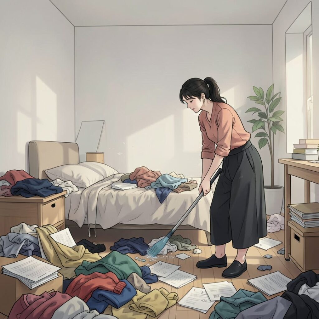 汚部屋掃除をしている女性画像