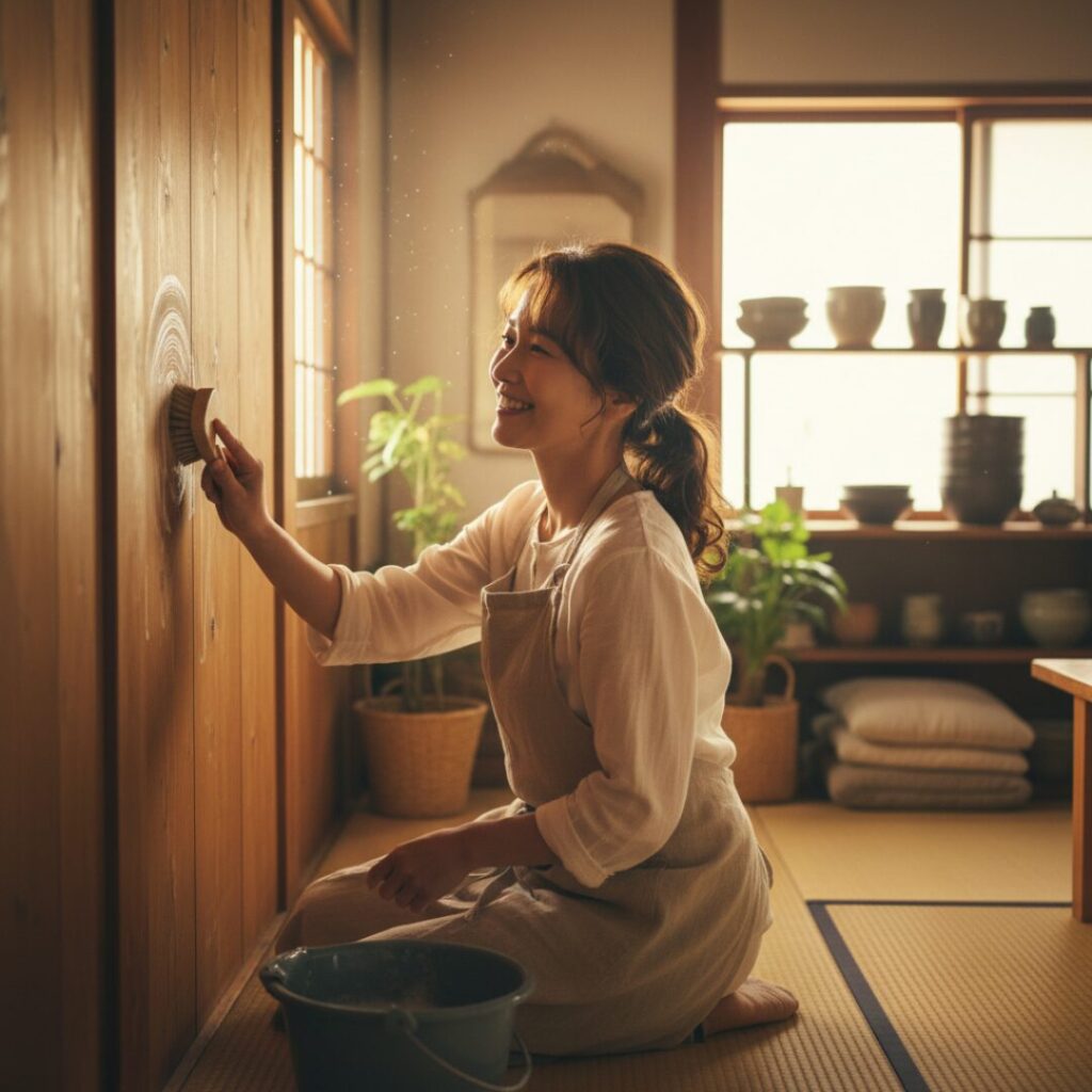 壁掃除をしている女性画像