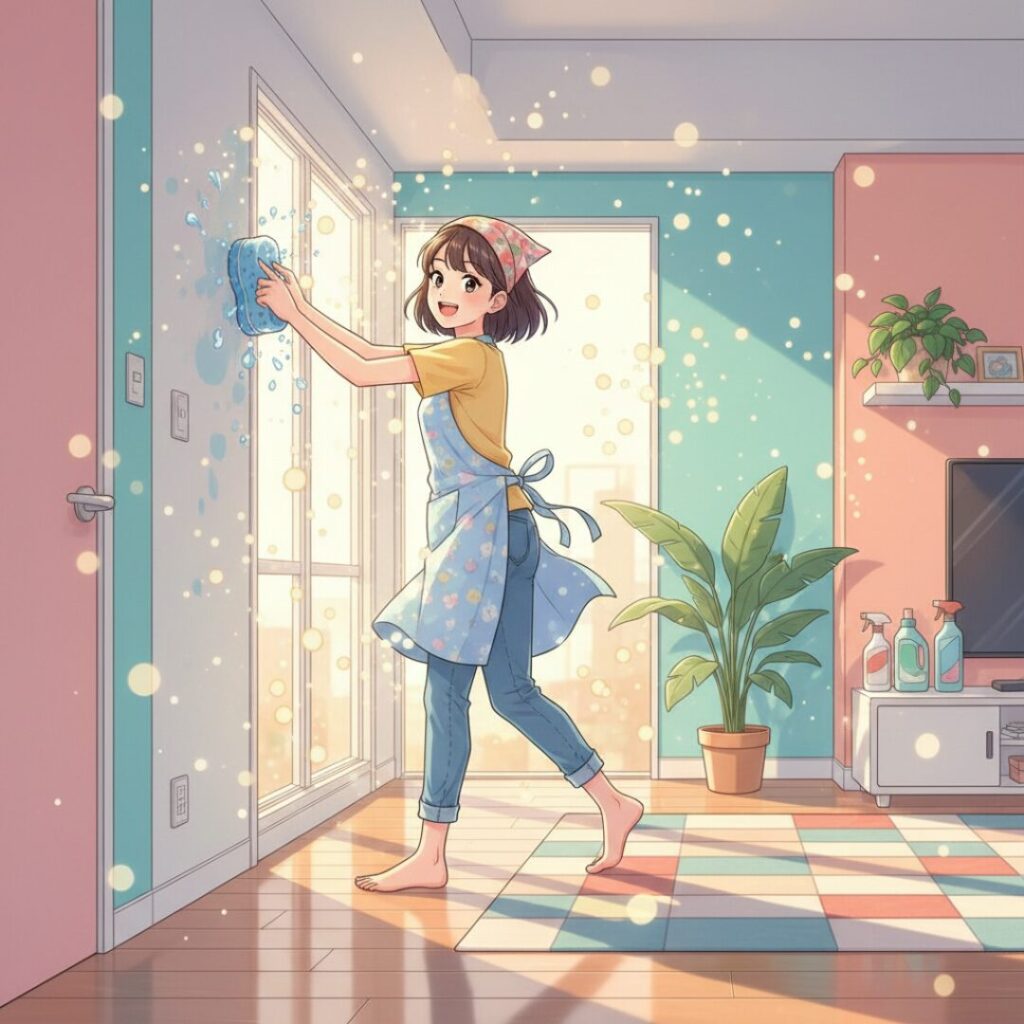 壁掃除をしているアニメ画像