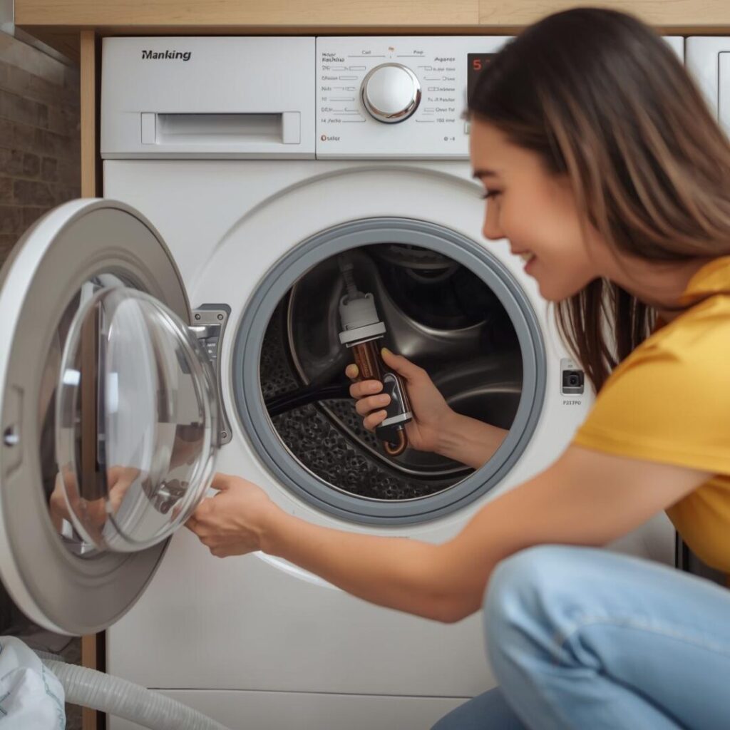 洗濯機のホース掃除中の画像女性