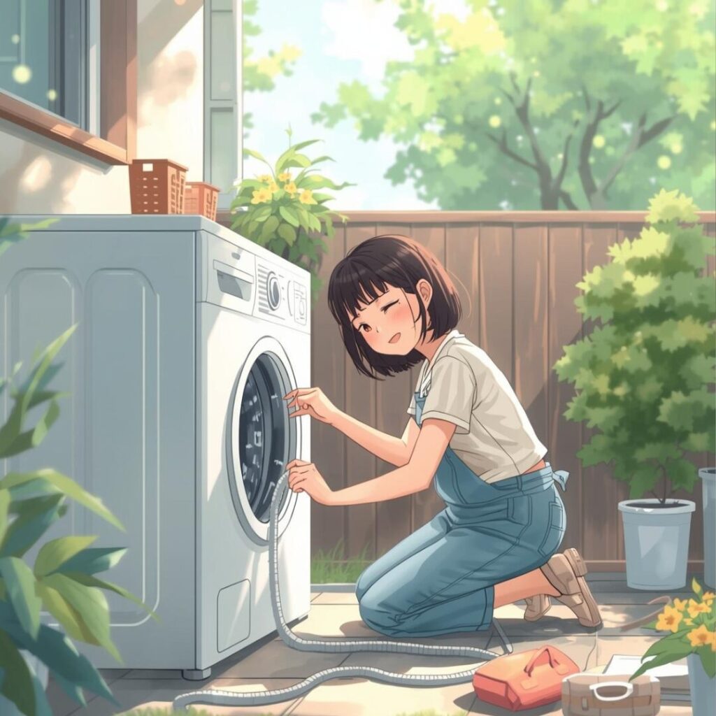 洗濯機のホース掃除中のアニメ画像