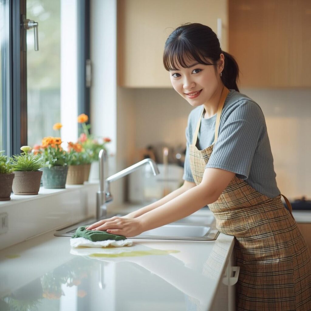油汚れ掃除している女性画像